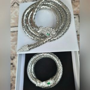 NIB🌟Serpent Snake 2pc Necklace & Bracelet SET Silvertone Magnetic Rhinestone